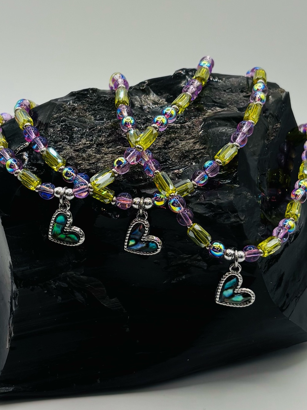*ANKLET* S.Steel Abalone Heart & AB Peridot Colored Glass Stretchy Anklet